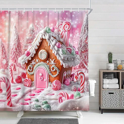 Vista 4 de Divertida cortina de ducha de Navidad, linda cortina de ducha de Papá Noel desnudo corriendo loco para baño, moderna cortina de baño de tela