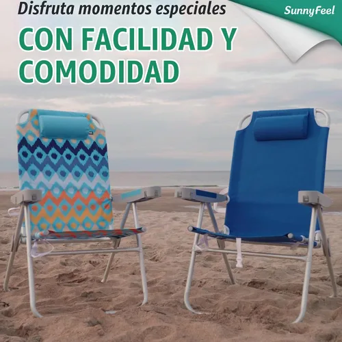 Vista 5 de SUNNYFEEL Silla de playa alta para adultos, sillas plegables de asiento Azul