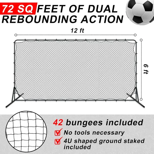 Vista 2 de Outus Red de rebote de fútbol portátil de 12 x 6 pies, equipo de entrenamiento de fútbol para fútbol, tenis, voleibol, voleibol, práctica