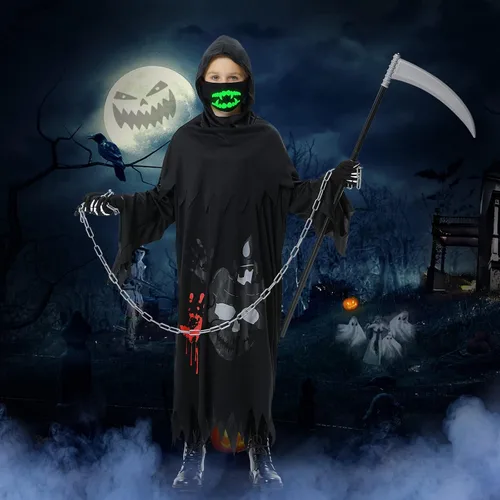 Vista 6 de Grim Reaper Costume for Kids, Halloween Costumes for Boys and Girls, with Scythe, Chain, Gloves and Luminous Masks