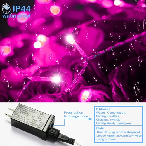 Vista 2 de Decoraciones de Navidad y San Valentín, luces de cuerda led rosas, 66 pies 200 LED, luces de hadas impermeables IP44 para interior y exterior, 8