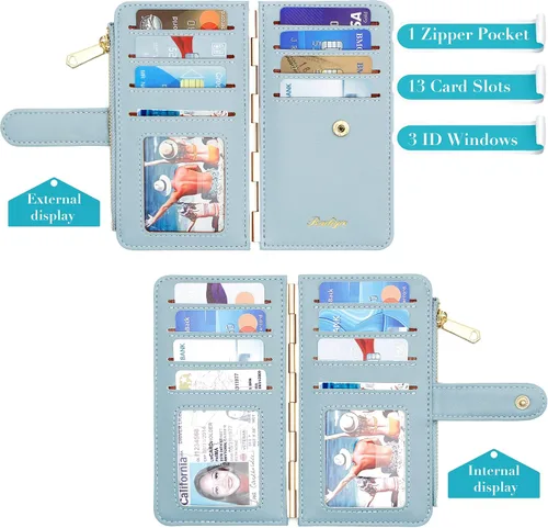 Vista 2 de Badiya Tarjetero de crédito para mujer, con bloqueo RFID, delgada, plegable, con bolsillo con cremallera y 3 ventanas para identificación