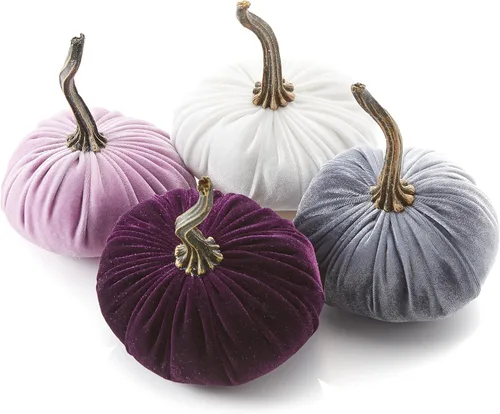 Vista 33 de Juego de 4 pequeñas calabazas de franela de terciopelo y algodón, decoración a cuadros de búfalo blanco y negro, estantes de calabaza negra