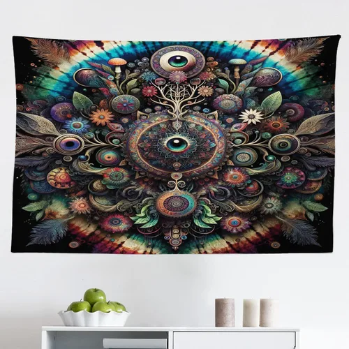Vista 85 de Ambesonne Tapiz Trippy, vista panorámica de la cascada con bosques de ensueño y mandala oriental psicodélico, decoración de tela para colgar