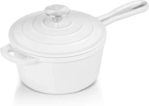 Vista 34 de E-far Sartén de hierro fundido esmaltado con tapa, cacerola de horno holandés de 1 cuarto de galón, mini olla para cocinar, hervir, saludable