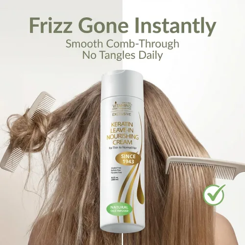 Vista 2 de VITAMINS hair cosmetics Acondicionador sin enjuague de queratina para cabello fino, hidratante ligero y crema desenredante hidratante para cabello