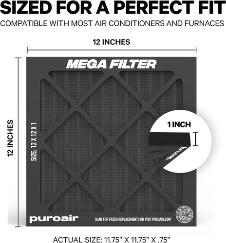 Vista 2 de PuroAir Filtro Mega - Filtro de aire de 12x12x1 MERV 13 para el hogar con carbón activado - Filtros alérgenos, caspa de mascotas, humo, polvo