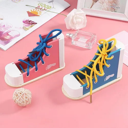 Vista 6 de NUOBESTY Aprende a atar zapatos zapatos de madera con cordones de juguete para atar los zapatos, kit de enseñanza para niños, azul