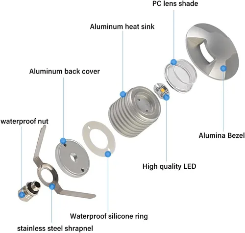 Vista 5 de Kit de luces LED para escalón/cubierta, paquete de 6 luces empotradas de bajo voltaje, CC de 12 V, luces empotradas impermeables IP67, iluminación