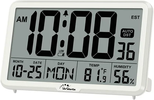 Vista 10 de WallarGe Reloj de pared digital de ajuste automático, funciona con pilas, relojes de escritorio con temperatura, humedad y fecha, reloj despertador