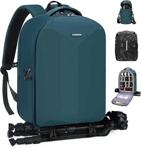 Vista 11 de RAINSMORE Mochila para cámara de carcasa dura para DSLR/SLR, bolsa impermeable para cámara con compartimento para laptop de 15.6 pulgadas, estuche
