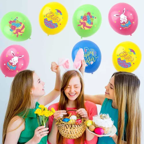 Vista 7 de Globos de Pascua con diseño de huevos de conejo, globos de fiesta verde, rosa, azul, amarillo, para fiesta temática de Pascua, suministros