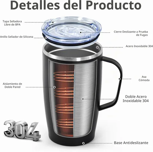 Vista 4 de Botella aislada de acero inoxidable, paquete de 2 vasos de 16 onzas Negro y negro
