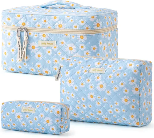 Vista 30 de HBselect Bolsa de Maquillaje Acolchada, 3 Piezas de Gran Bolsa de Maquillaje de Viaje de Algodón, Linda Bolsa de Maquillaje Floral Coquette, Bolsa