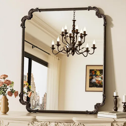 Vista 24 de Espejo rectangular negro barroco vintage para pared, 22 x 30 pulgadas, marco de desplazamiento antiguo, espejo de manto francés para chimenea, baño