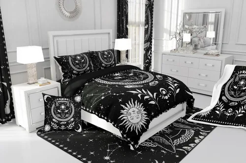 Vista 4 de Juego de ropa de cama de animales de gato misterioso, bohemio, exótico, tribal, abstracto, arte abstracto, juego de funda de edredón para decoración