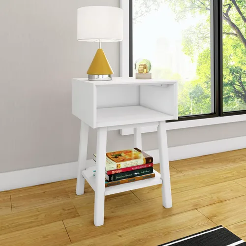 Vista 9 de Max & Lily Mesita de noche moderna Mid-Century con estante, color blanco