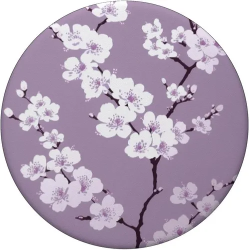 Vista 3 de Flores de cerezo de flor blanca en PopSockets morados intercambiables PopGrip