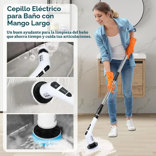 Vista 3 de Limpiador eléctrico giratorio con 7 cabezales de cepillo reemplazables, limpiador de ducha con mango largo, cepillo de limpieza inalámbrico 7 en 1