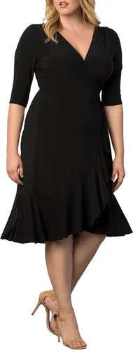 Vista 4 de Kiyonna Vestido midi de talla extra con volantes caprichosos y mangas - Para cóctel, fiesta, invitada a la boda o trabajo Negro (Black Noir)