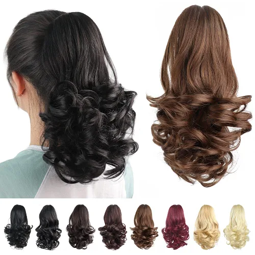 Vista 6 de Extensiones de cabello castaño para mujer, pinza de extensiones de cabello rizado de 12 pulgadas, extensiones de cabello sintético de cola