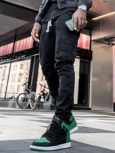 Vista 4 de Pantalones de mezclilla con bolsillo lateral para hombre, ajustados, casuales, hip hop, bolsillos de carga en ángulo, pantalones de mezclilla, Negro
