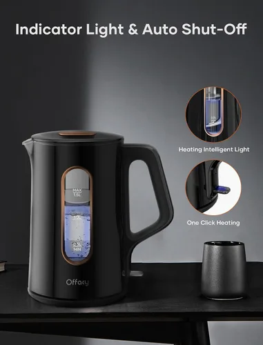 Vista 6 de OFFACY Hervidor eléctrico, interior de vidrio de doble pared, olla calentadora de agua caliente, 1.5 litros, 1200 vatios para hervir rápidamente, 53