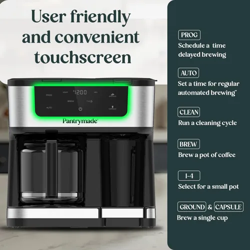Vista 6 de Pantrymade Cafetera de doble preparación, jarra de vidrio de 12 tazas y combo K-Cup de una sola porción Cafetera con pantalla táctil programable