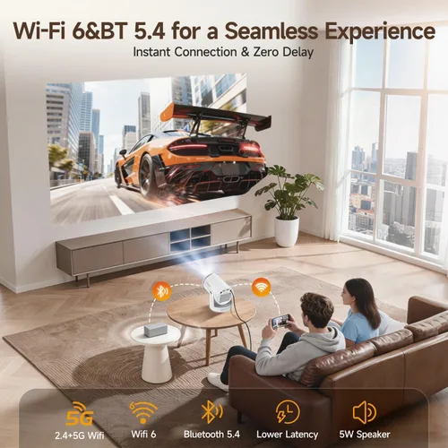 Vista 6 de Mini proyector con Wifi 6 y Bluetooth 5.4, proyector portátil inteligente 4K, Android 14 y 400 ANSI, enfoque automático y Keystone, proyector