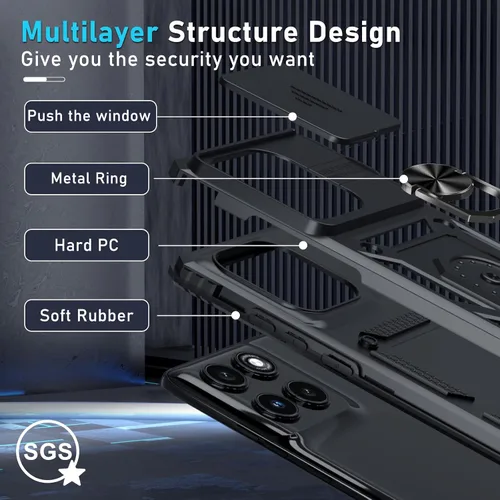 Vista 4 de Janmitta Funda compatible con Moto Edge 2025, cubierta integrada para lente de cámara deslizante + soporte de anillo de dedo, resistente, a prueba