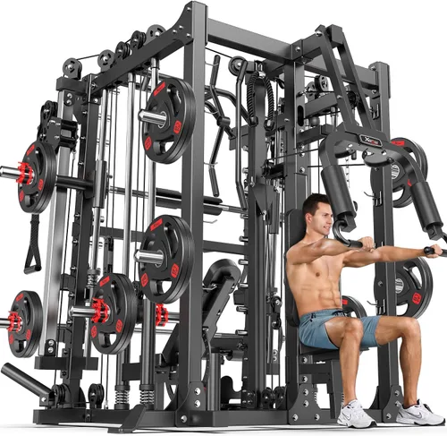 Vista 17 de Rack Multiusos para Sentadillas, Conjunto de Rack de Pesas Smith Machine con Sistema de Crossover de Cables, Racks de Potencia para Gimnasio