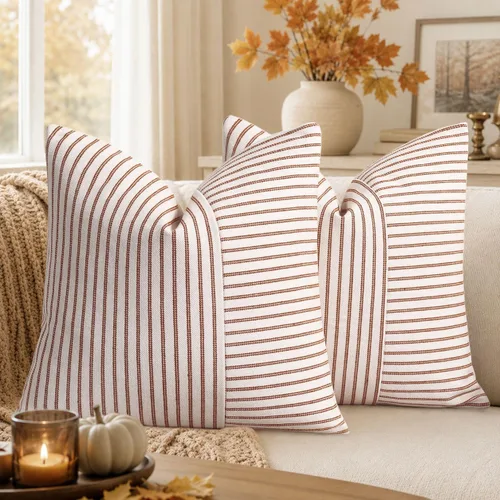 Vista 25 de Fundas de almohada de granja de 12 x 20 pulgadas, 2 fundas de almohada lumbares modernas, decorativas, de lino, con retazos de rayas negras y beige