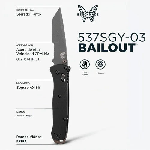 Vista 2 de Benchmade - Cuchillo táctico de rescate Bailout, cuchillo EDC, filo serrano, hoja tanto con mango de aluminio negro (537SGY-03)