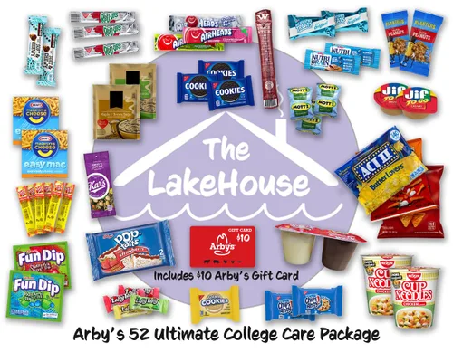 Vista 2 de LakeHouse Student 52 Paquete de Atención Universitaria con Tarjeta de Regalo Arbys - Caja de Botanas Esenciales Universitarias - Paquetes