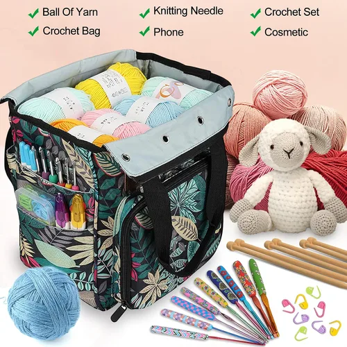 Vista 6 de Coopay Bolsa de ganchillo y tejer, organizador de viaje para manualidades, ganchos, agujas, madejas, pintura de diamantes, suministros (verde bosque)