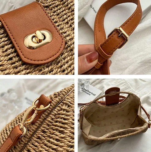 Vista 2 de Bolso cruzado de paja para mujer, tejido a mano, bolso de mano de ratán con asa superior de paja, bolso de hombro para playa de verano, bolso