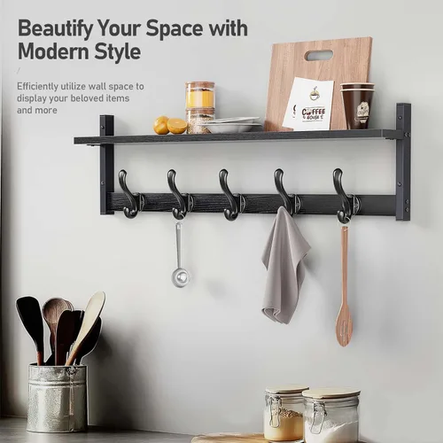 Vista 8 de Tatub Perchero rústico de 29 pulgadas con estante, ganchos de pared de entrada con estante, perchas para baño, sala de estar, dormitorio, negro