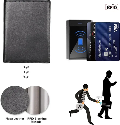 Vista 7 de Polare - Cartera de viaje de piel con bloqueo RFID para hombres y mujeres, Negro -, Cartera con bloqueo RFID