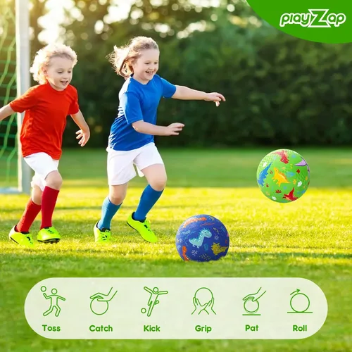 Vista 6 de PlayZap Paquete de 2 pelotas de juego para niños pequeños, pelotas de dinosaurio para niños de 3 a 12 años, bolas de goma inflables de 8.5 pulgadas