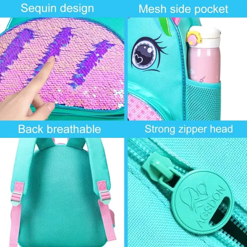 Vista 5 de 3 mochilas para niñas pequeñas, 12 pulgadas, con lentejuelas de unicornio y lonchera