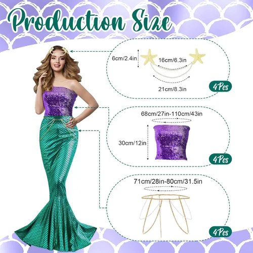 Vista 3 de Toulite Juego de 4 disfraces de sirena de Halloween para mujer, falda de tubo de lentejuelas, falda de cola larga, cintura de perlas y cadena