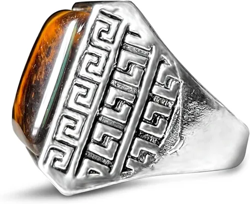Vista 2 de DALEGEM Anillo de piedra de ojo de tigre amarillo genuino para hombres y mujeres, anillo turco retro vintage de cristal de cuarzo piedras preciosas