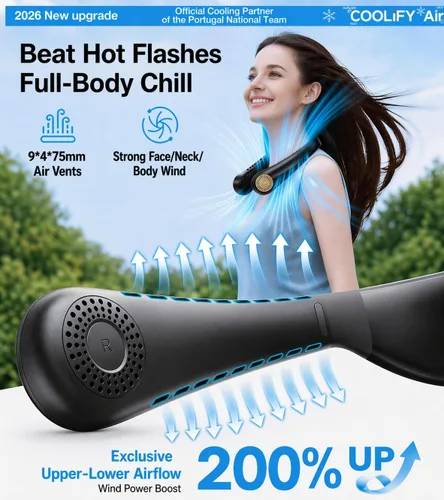 Vista 4 de TORRAS COOLiFY Air 2026 Ventilador de cuello mejorado de aire acondicionado, doble flujo de aire profesional, ventilador portátil ultraligero Negro