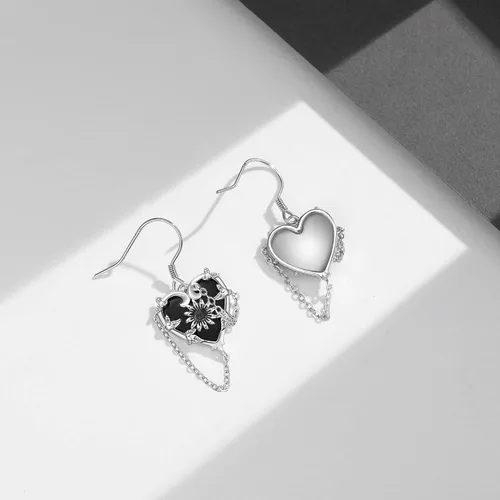 Vista 5 de Aretes de corazón de bruja, rosa gótica, murciélago, calavera, rosa, cruz, libélula, piedra lunar, calavera, plata de ley 925, joyería gótica