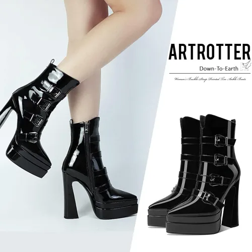 Vista 2 de Artrotter Botas de plataforma para mujer botas de tacón alto grueso y puntiagudo botas de combate con correas de hebilla cremallera lateral
