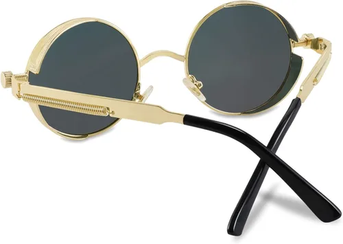 Vista 3 de FEISEDY Gafas de sol retro góticas steampunk con marco de metal redondo inspirado en el círculo punk B1857