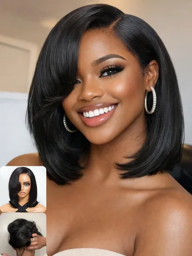 Vista 35 de Nadula Yaki - Peluca de cabello humano lacio estilo Bob con cordón y capas de enmarcar la cara, densidad del 180%, sin pegamento, 7x5 Bye Bye Knots