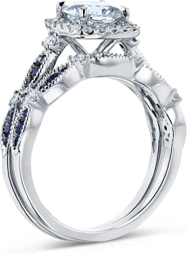 Vista 4 de Kobelli Moissanita y zafiro azul halo anillos de novia conjunto