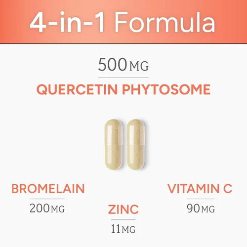 Vista 3 de Quercetina de alta absorción con bromelina, vitamina C y zinc – 500 mg de fitosoma de quercetina – 50 veces más absorción – Apoya la función inmune
