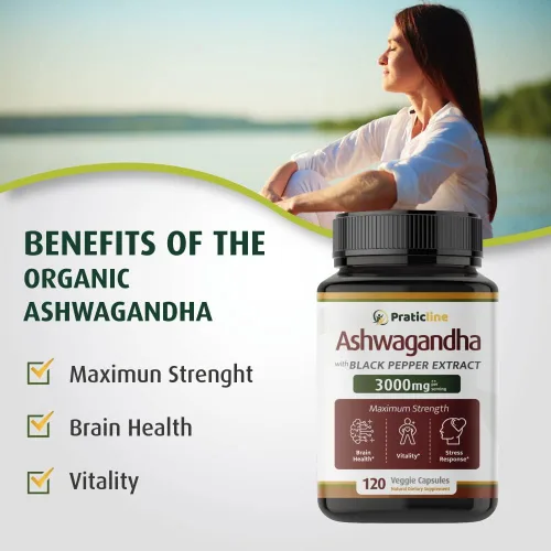 Vista 4 de Ashwagandha Cápsulas 3,000 mg - 120 cápsulas veganas hechas con polvo de Ashwagandha orgánico y extracto de raíz. Sin gluten. Fabricado en Estados